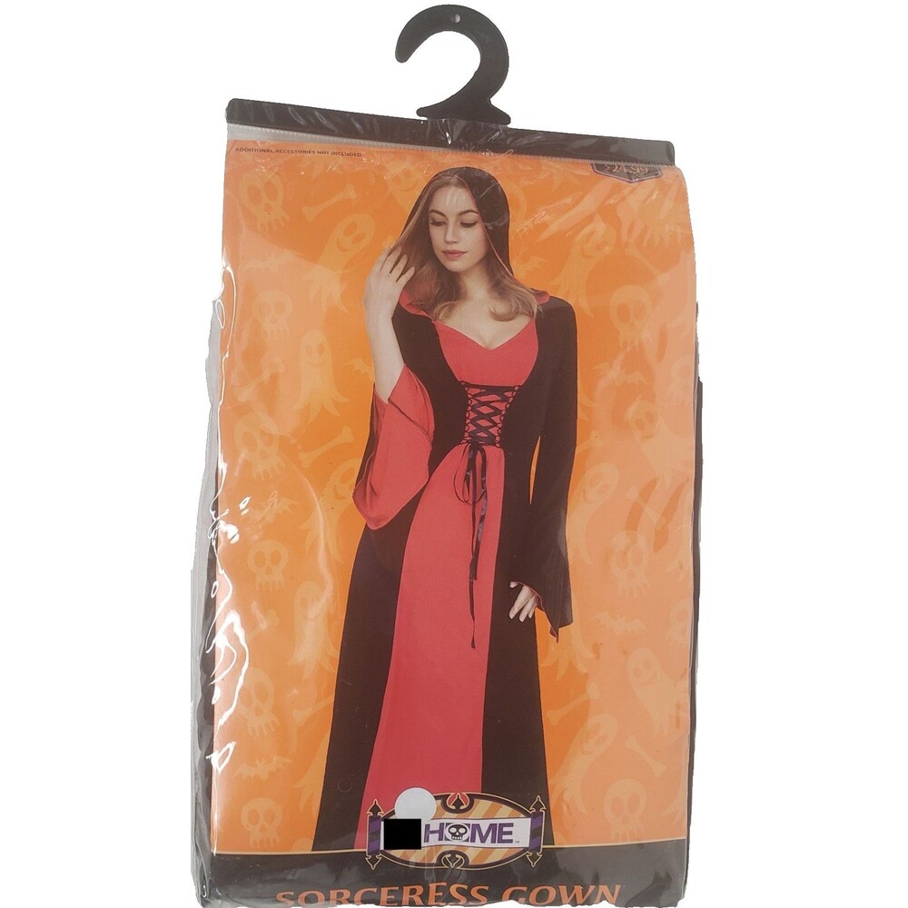 NEW Adult Women Halloween Costume, LONG SORCERESS GOWN WITH HOOD, RED & BLACK,M